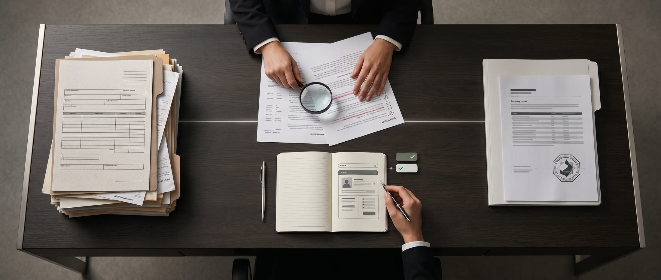 Vista de cima de uma mesa: à esquerda, pilhas de papelada e pastas; ao centro, uma lupa sobre o documento e um caderno com a tela de auditoria aberta; à direita, o relatório-resumo com selo — da papelada ao veredito.
